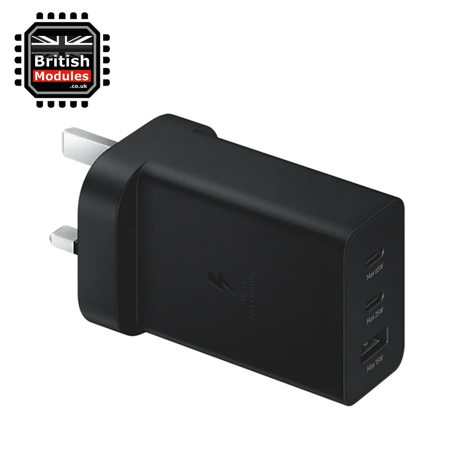 Samsung 65W Trio Universal Power Adapter UK 3 Pin PD USB-C USB-A Port EP-T6530 Black