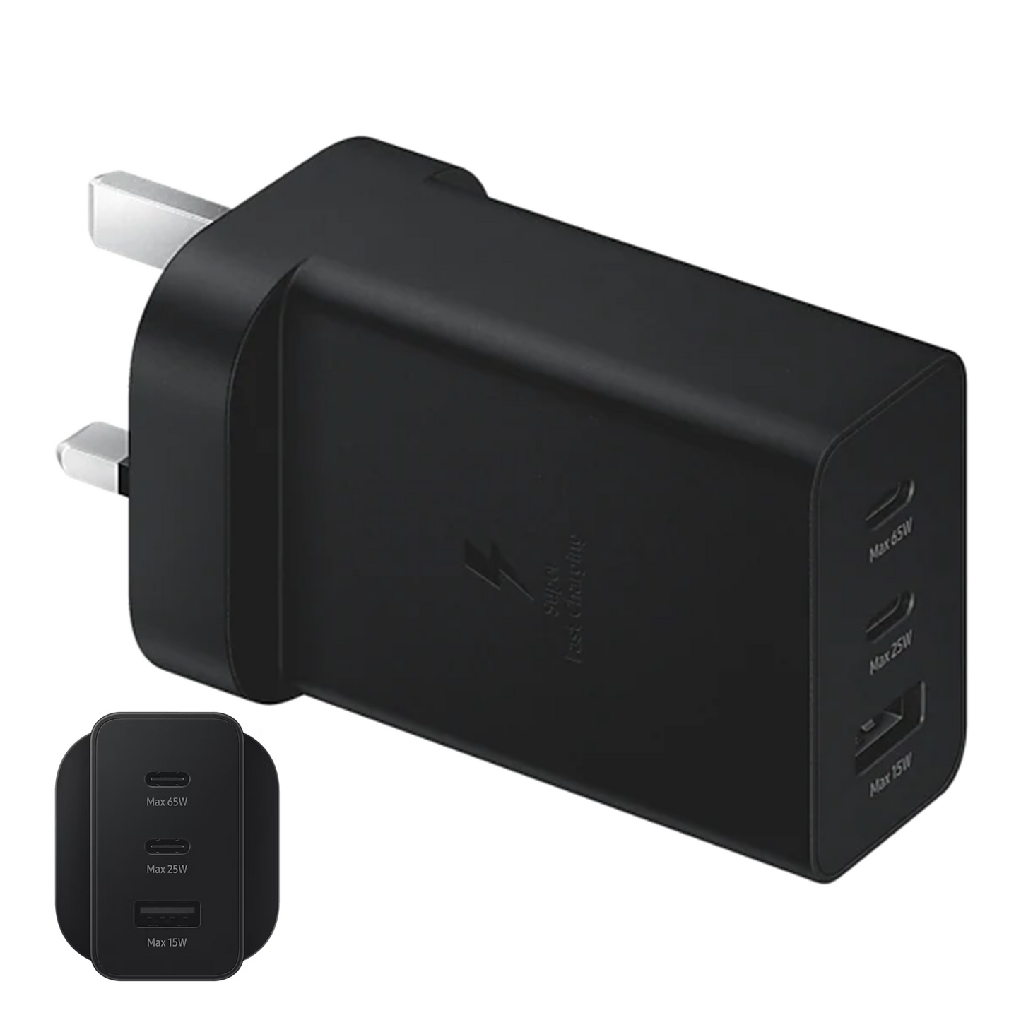 Samsung 65W Trio Universal Power Adapter UK 3 Pin PD USB-C USB-A Port EP-T6530 Black