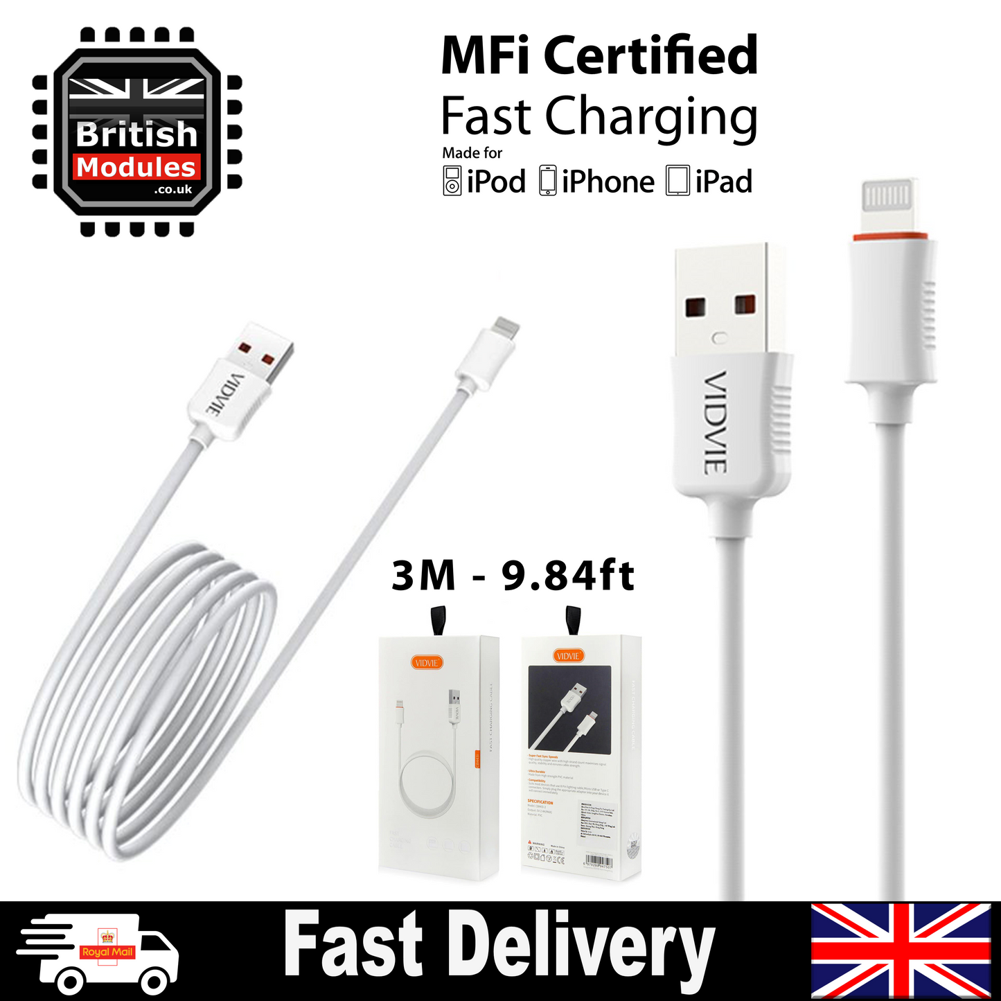 3M VidVie Apple Lightning to USB Cable for iPhone Charger / iPad Cable Durable Flexible Rubber CB443-3