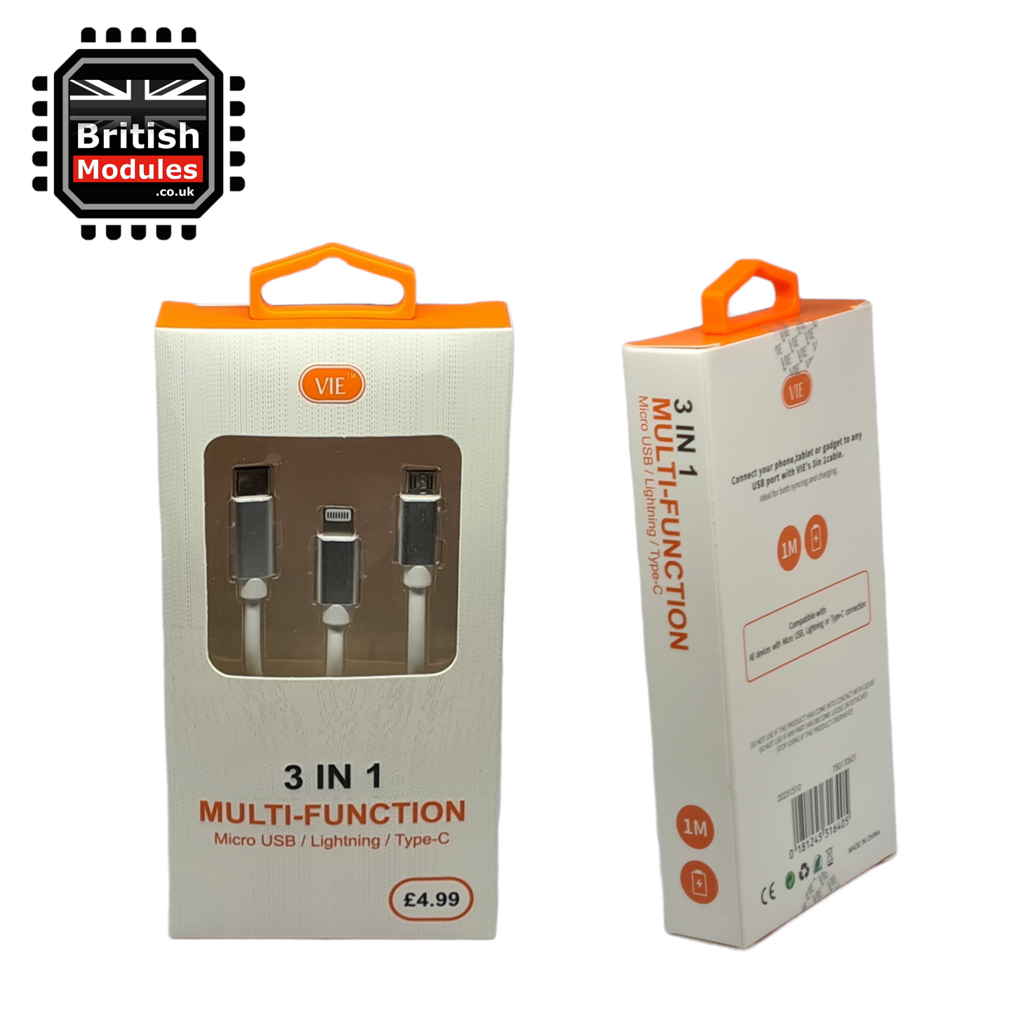 3 in 1 Multi Charging Cable Micro USB Type C Apple Lightning Multi Connector Universal iPhone Android Samsung Galaxy OnePlus Huawei Xiaomi Honor Sony