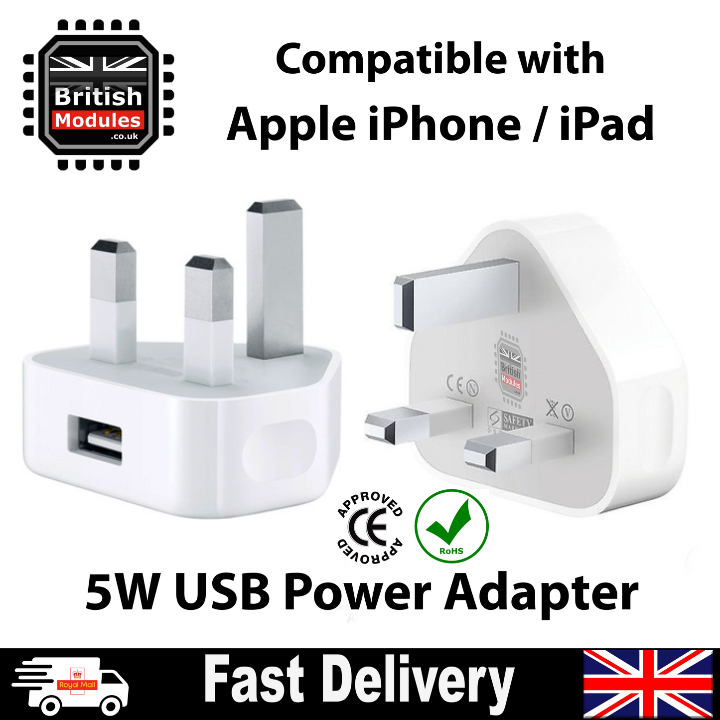 USB Power Adapter Charger 3 Pin UK Main Plug For Apple iPhone 5 6 7 8 X XR XS MAX