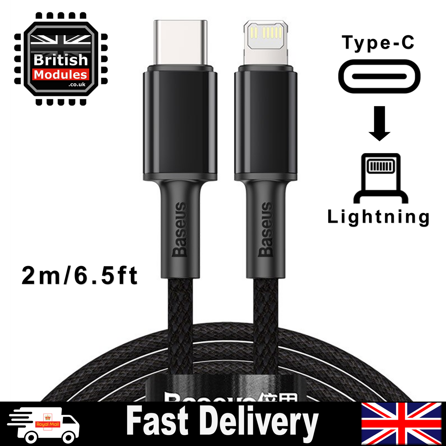 2M Black Heavy Duty Braided iPhone Fast Charging Data Cable Type-C to Lightning PD 20W