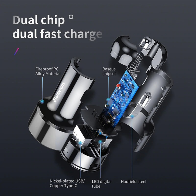 Baseus 45w 6A Quick Charge QC4.0 USB-C Super Fast Car Charger for Samsung Galaxy Note20 / iPhone 13 Pro Max