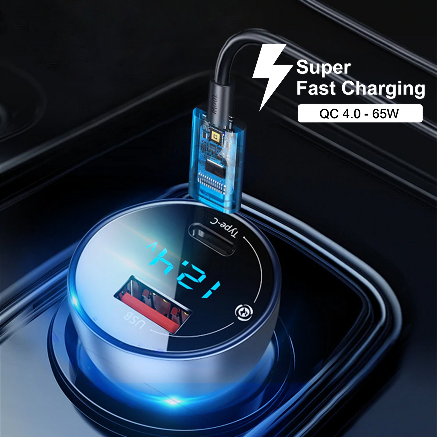 Baseus Super Fast Charging Car Charger 65W Dual Port with LED Display for Laptops, Notebooks and Mobile Phones