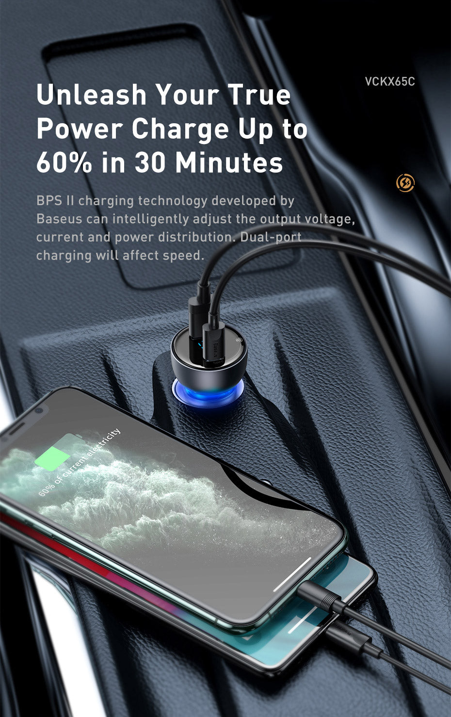 Baseus 65W Car Charger Dual Super Fast Charging Port with LED Display for Laptops, Notebooks and Mobile Phones