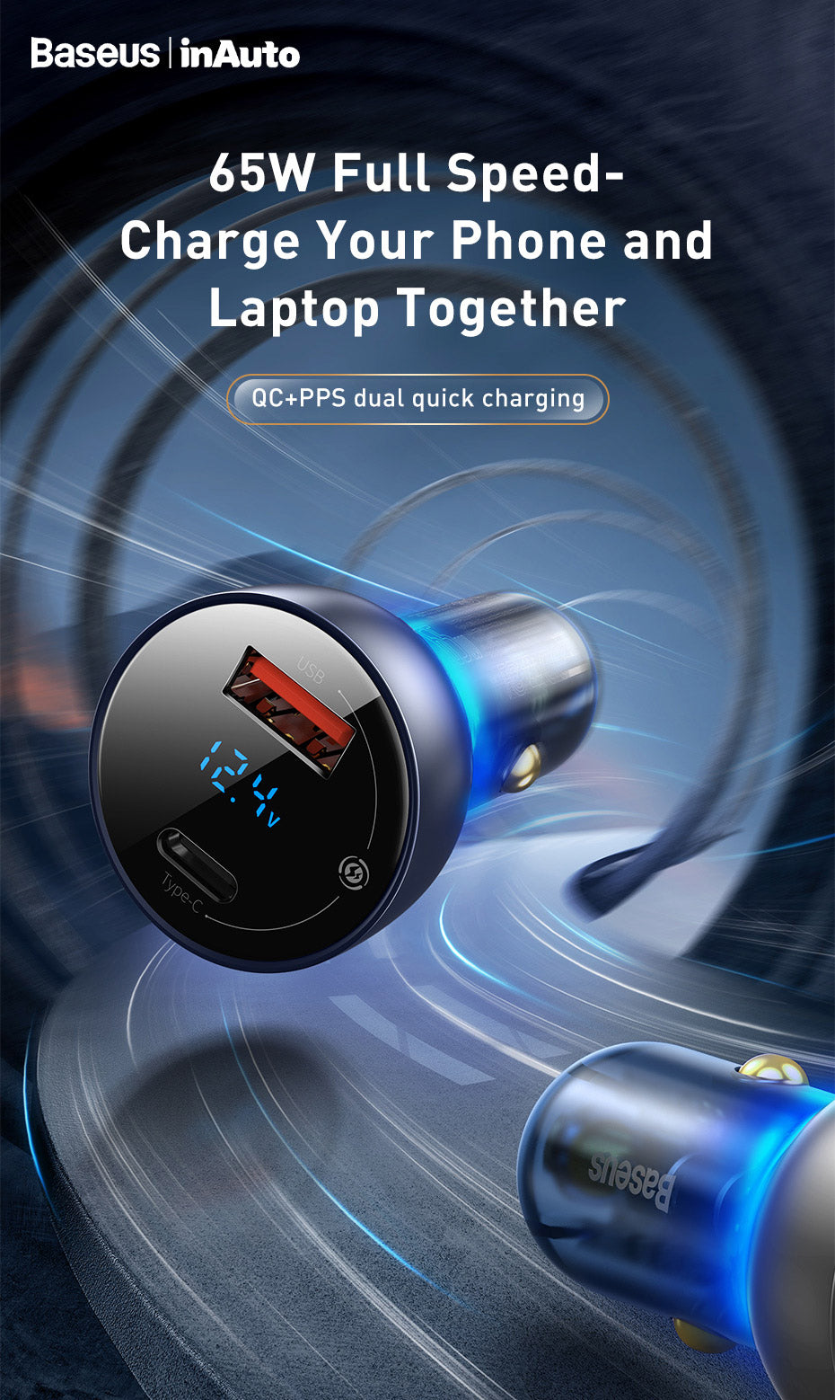 Baseus Super Fast Charging Car Charger 65W Dual Port with LED Display for Laptops, Notebooks and Mobile Phones