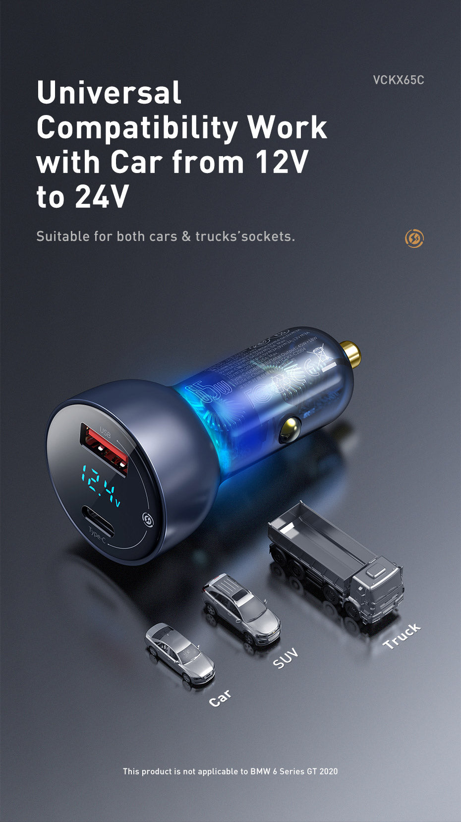 Baseus 65W Car Charger Dual Super Fast Charging Port with LED Display for Laptops, Notebooks and Mobile Phones