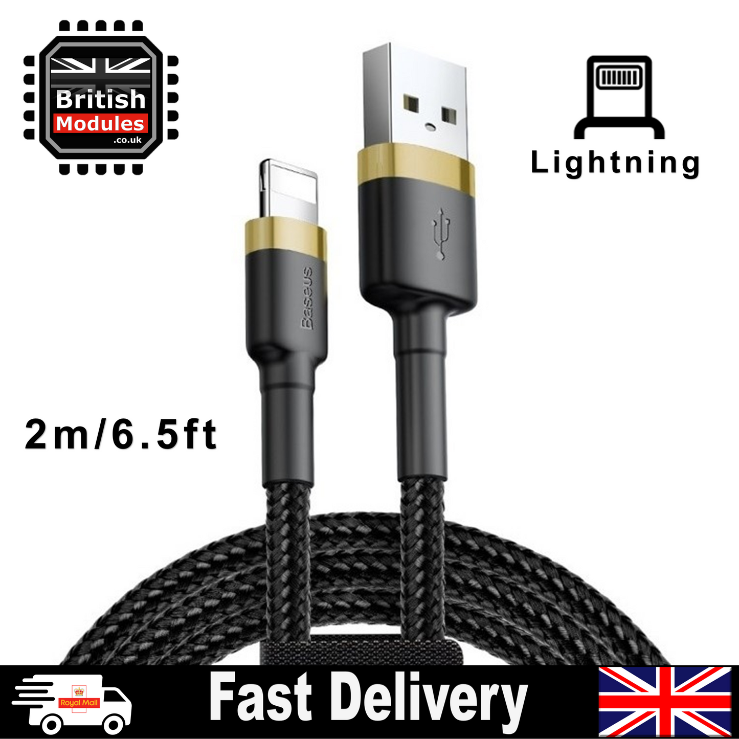 2M Heavy Duty Braided iPhone Lightning Cable 2.4A Fast Charging USB Data Cord for iPhone X, XS, XR, XS Max by Baseus Gold