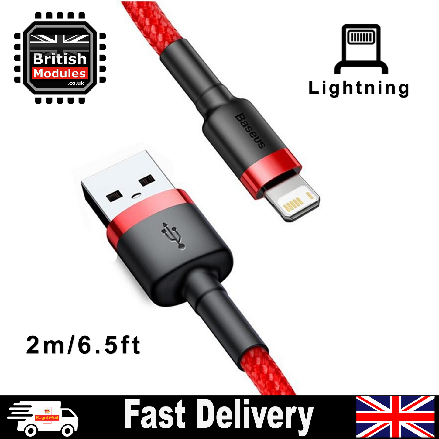 2M Heavy Duty Braided iPhone Lightning Cable 2.4A Fast Charging USB Data Cord for iPhone X, XS, XR, XS Max by Baseus Red