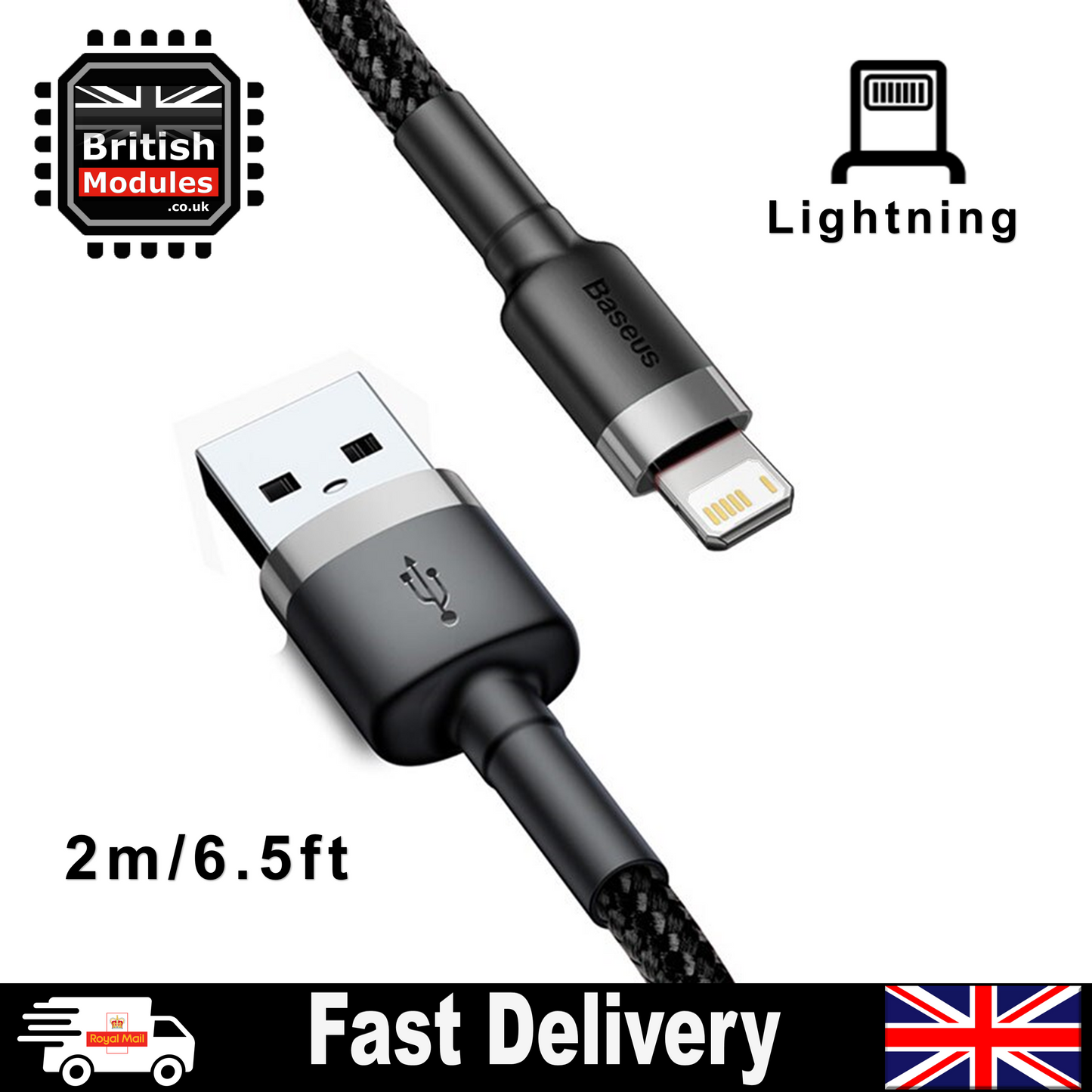 2M Heavy Duty Braided iPhone Lightning Cable 2.4A Fast Charging USB Data Cord for iPhone X, XS, XR, XS Max by Baseus Grey