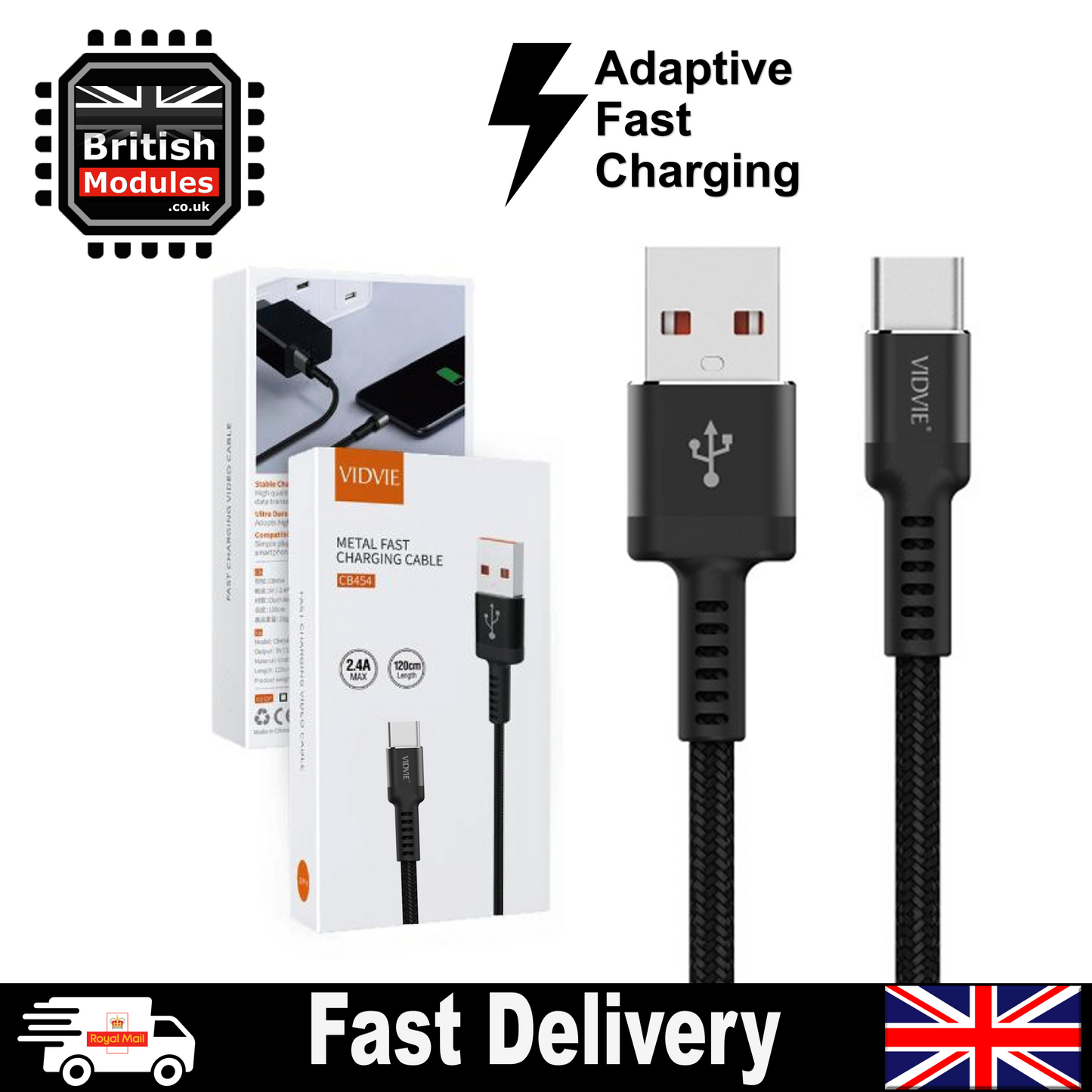 Heavy Duty USB-C Type C Charging Cable Braided Adaptive Fast Phone Charger Lead by VidVie CB454