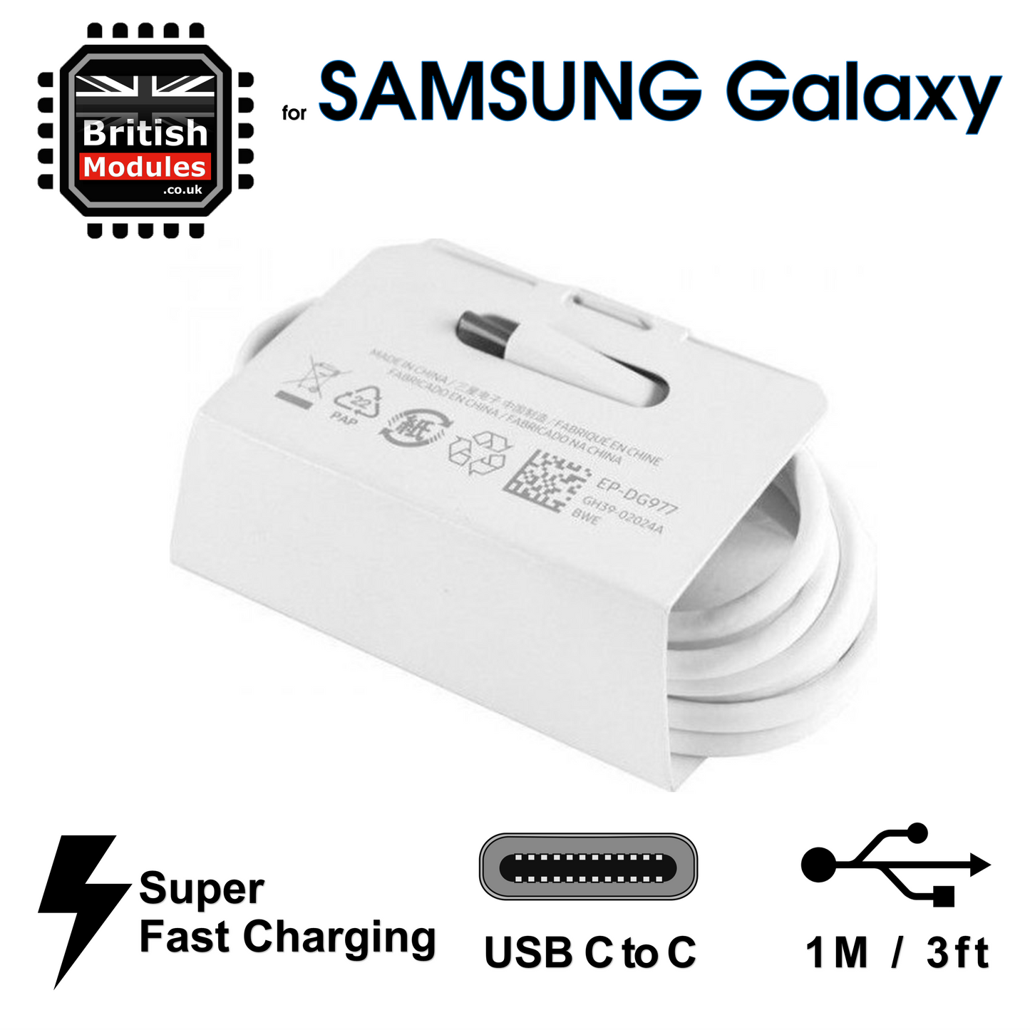 Samsung Galaxy Super Fast Charging Cable EP-DG977BWE Data USB Type-C to Type-C for Galaxy Note 20 Note 10 FE S20 S21 S22 Ultra 5G White