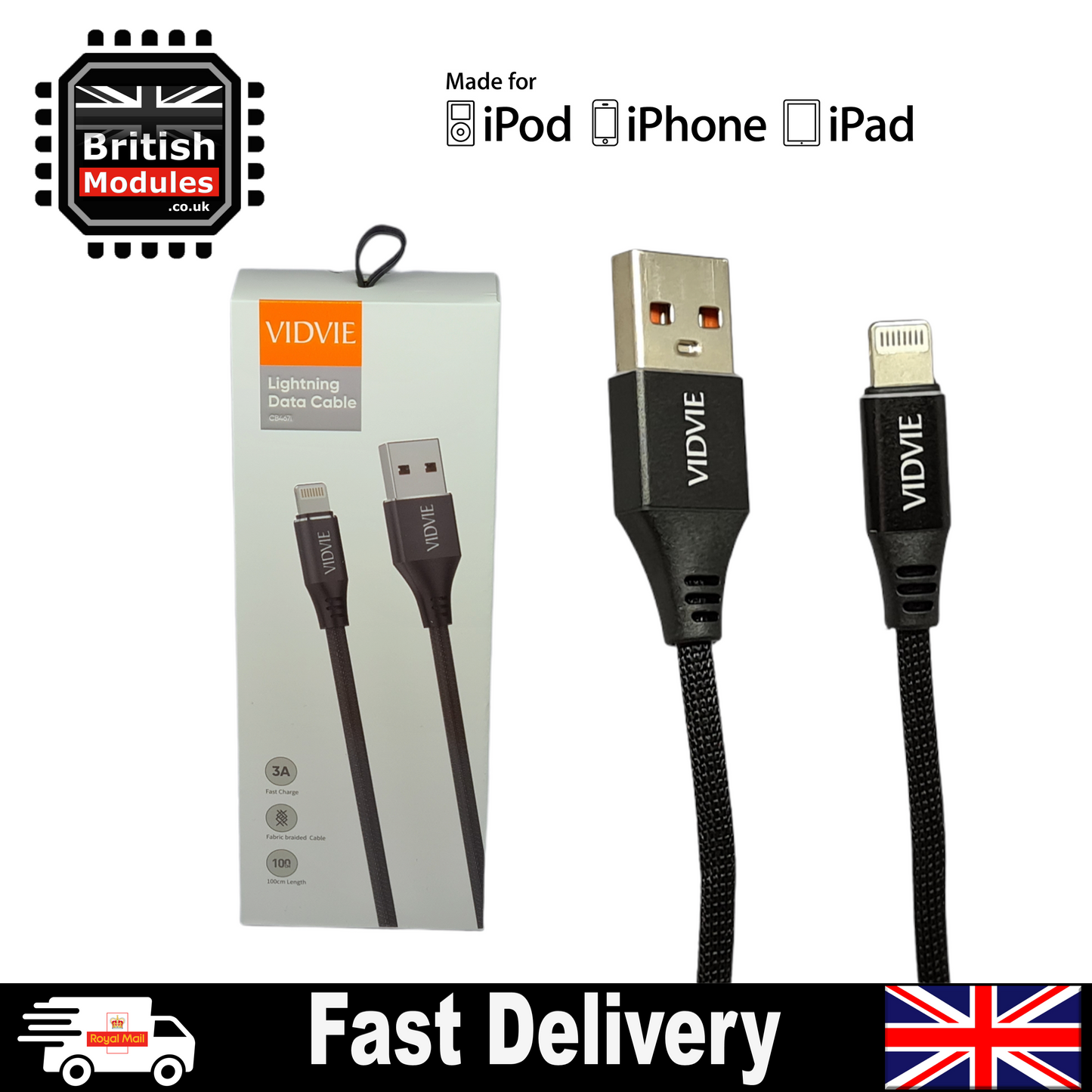 Premium Braided USB Charger Fast Charging Lead Data Lightning Cable for Apple iPhone by VidVie CB467i