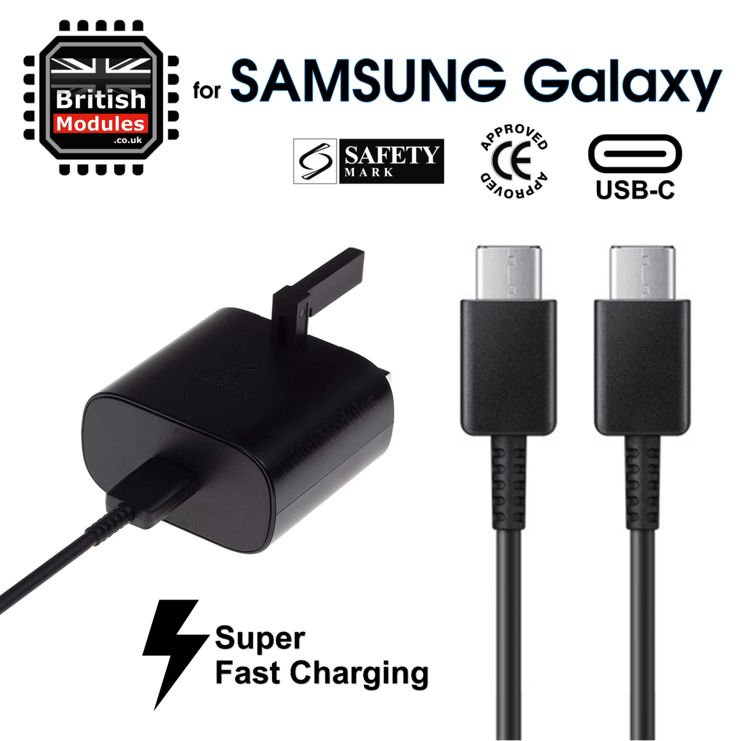 Samsung Super Fast 25w Pd Adapter Charger with USB-C Cable UK Black EP-TA800