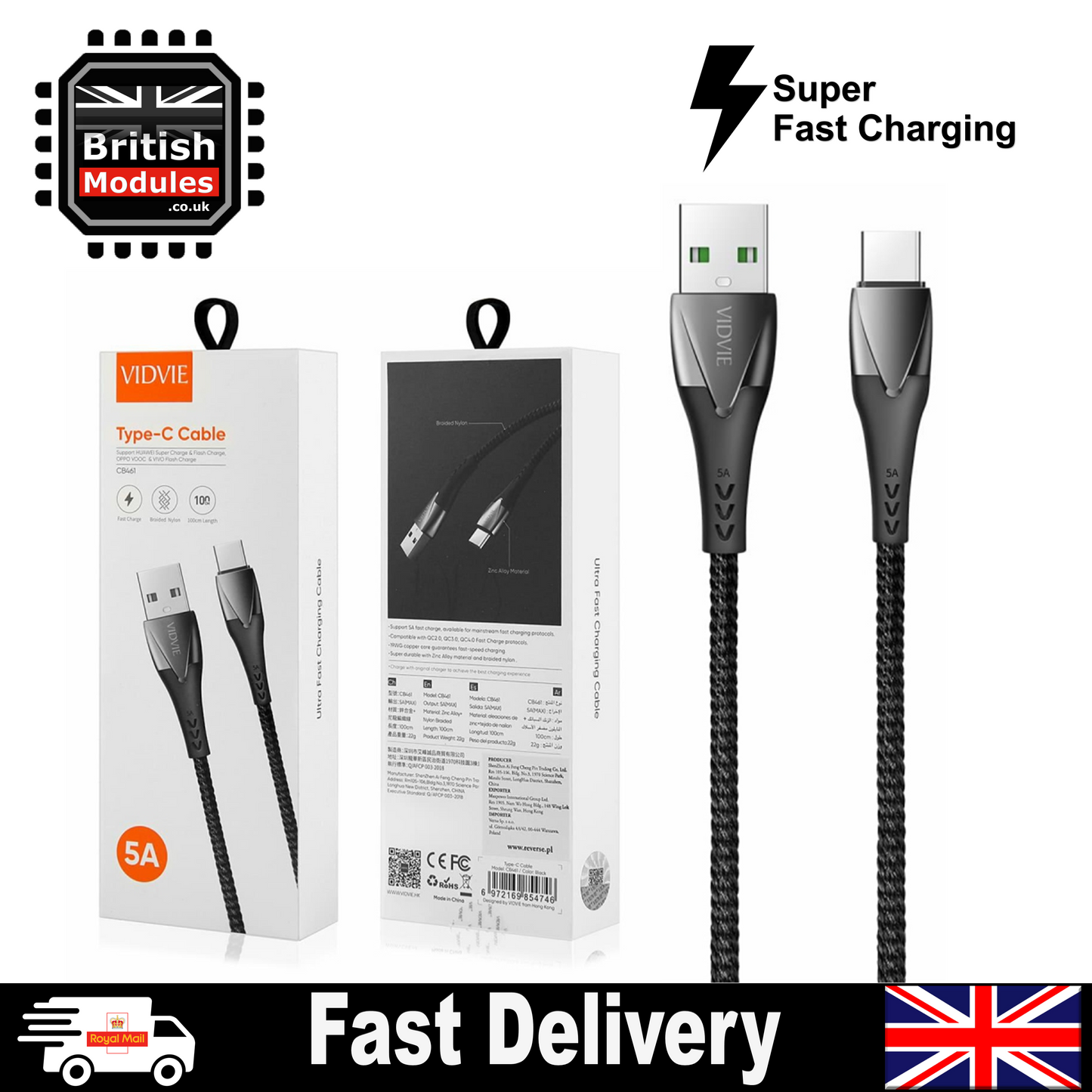 VidVie Heavy Duty Braided USB-C Type C QC4.0 Super Fast Charging Cable 5A Lead