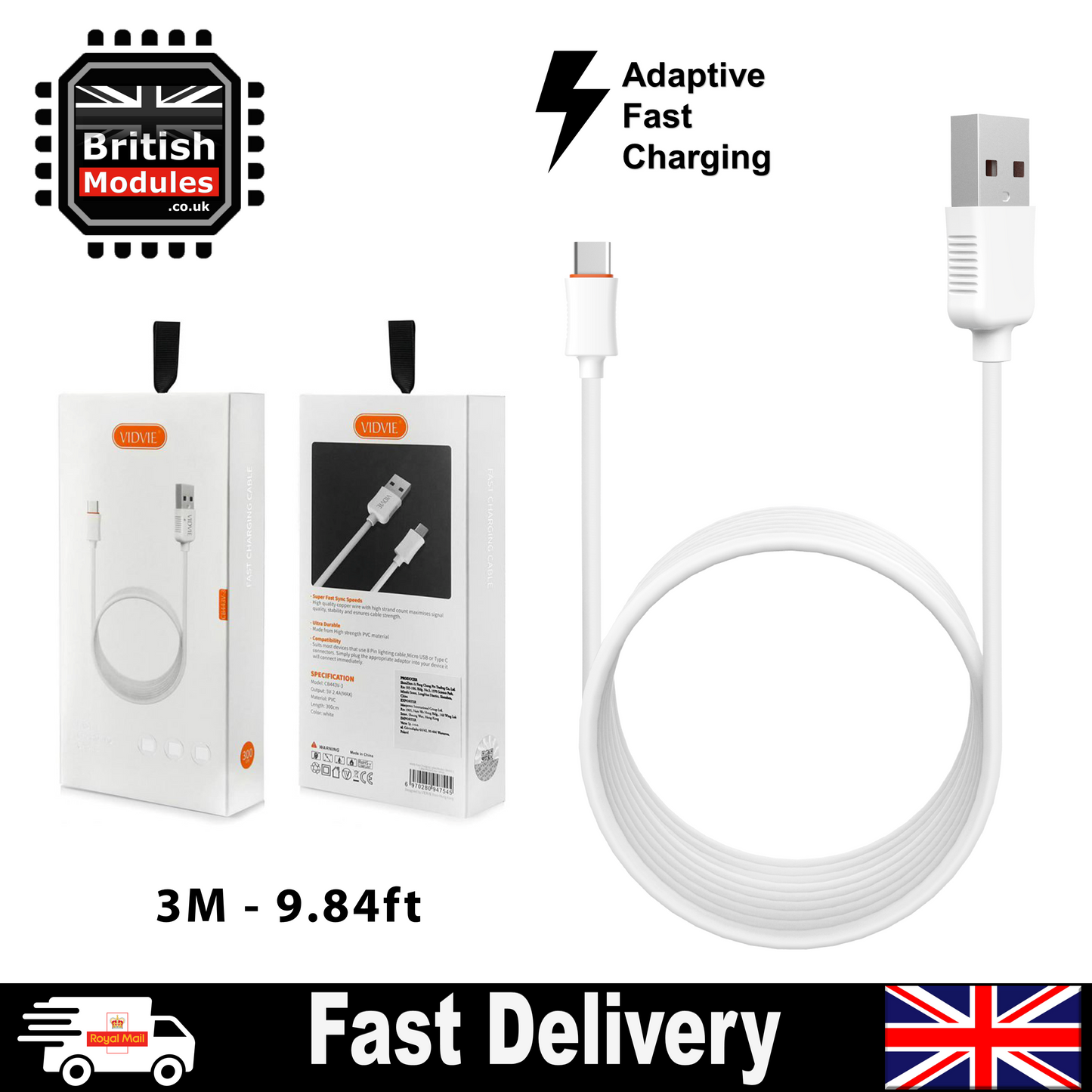 3M VidVie USB-C TypeC Charging Cable Fast Charging Android Mobile Phones Samsung CB443T-3