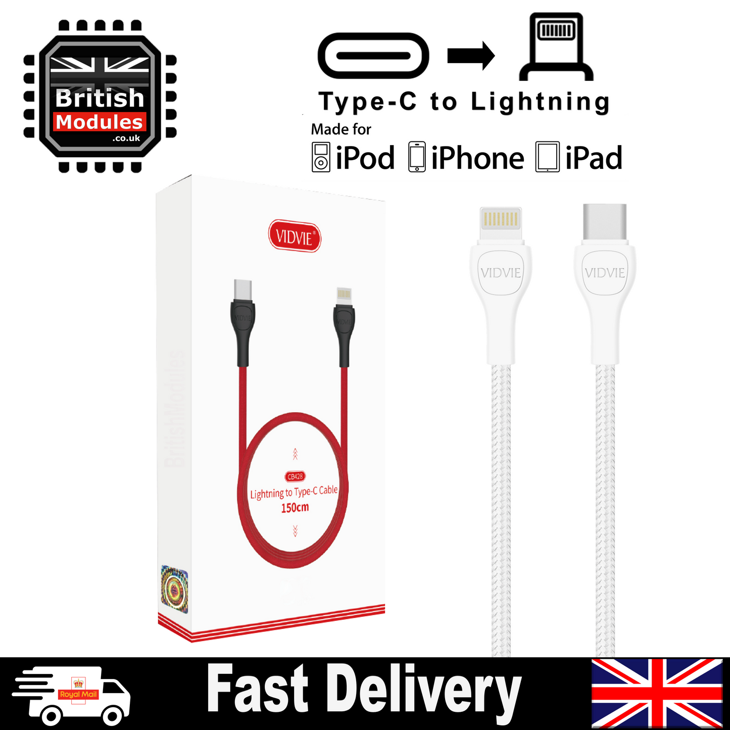 Heavy Duty Braided iPhone Fast Charging Data USB C to Lightning Cable PD 20W by VidVie CB428