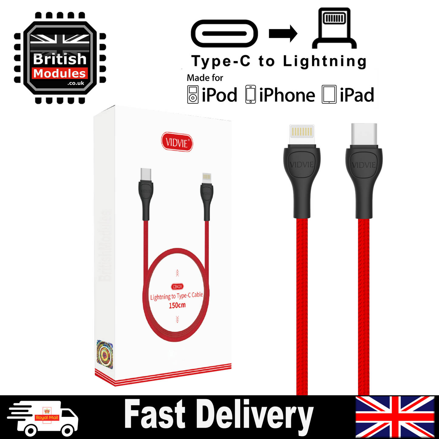 Heavy Duty Braided iPhone Fast Charging Data USB C to Lightning Cable PD 20W by VidVie CB428