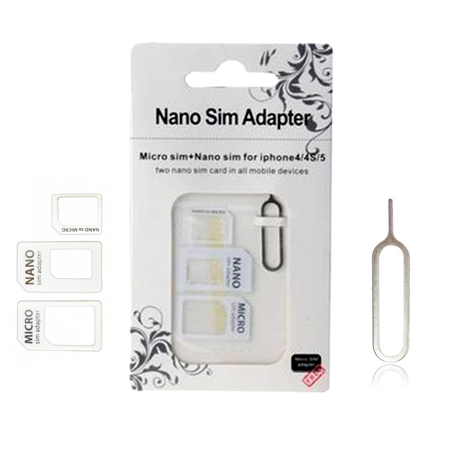 4 in 1 Nano Micro SIM Card Adapter Converter Eject Pin Set for iPhone Samsung White