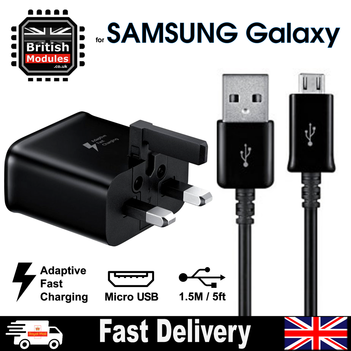Adaptive Fast Charger 3 Pin UK Plug Mains Adaptor + Charge Data/Sync Micro USB Cable