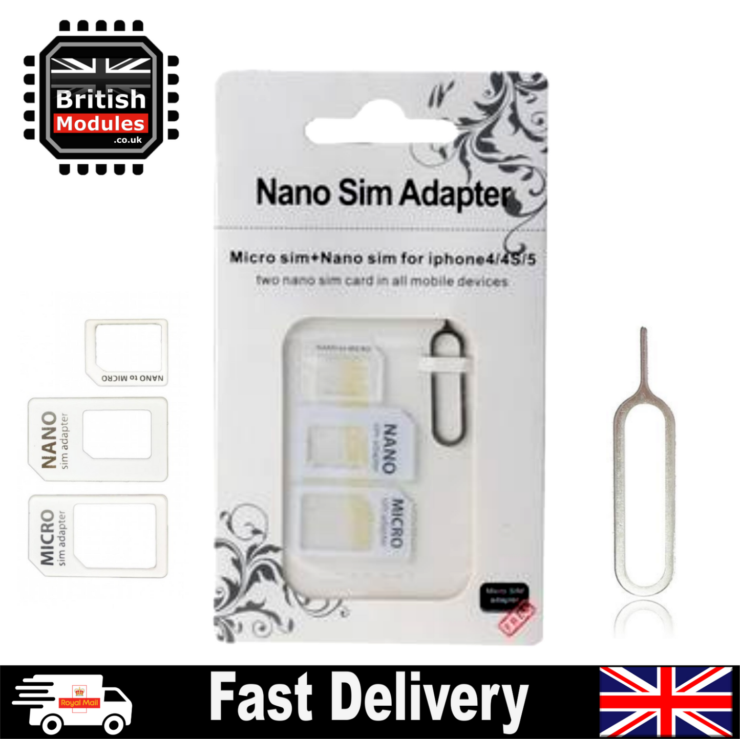 4 in 1 Nano Micro SIM Card Adapter Converter Eject Pin Set for iPhone Samsung White