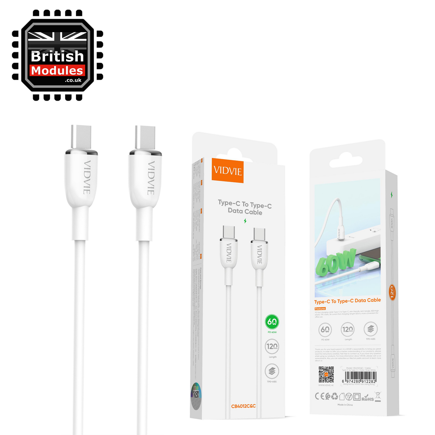 VidVie USB C to USB C Charge Cable Sync 60W Type-C to Type C CB4012C&C White