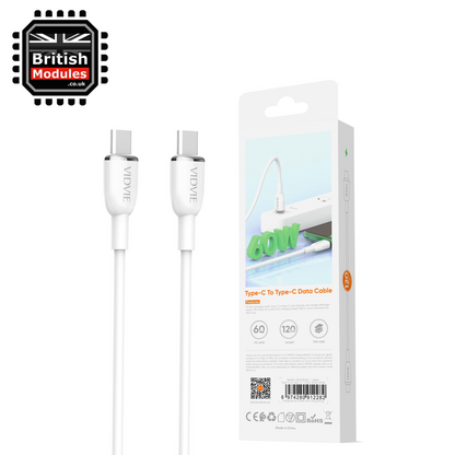 VidVie USB C to USB C Charge Cable Sync 60W Type-C to Type C CB4012C&C White