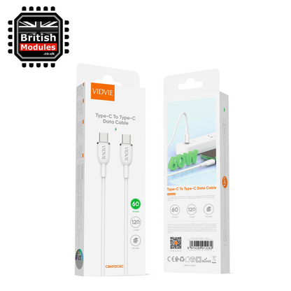 VidVie USB C to USB C Charge Cable Sync 60W Type-C to Type C CB4012C&C White