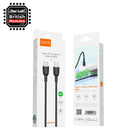 VidVie USB C to USB C Charge Cable Sync 60W Type-C to Type C CB4012C&C Black