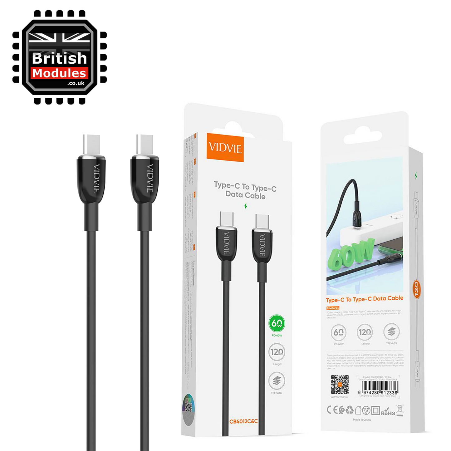 VidVie USB C to USB C Charge Cable Sync 60W Type-C to Type C CB4012C&C Black