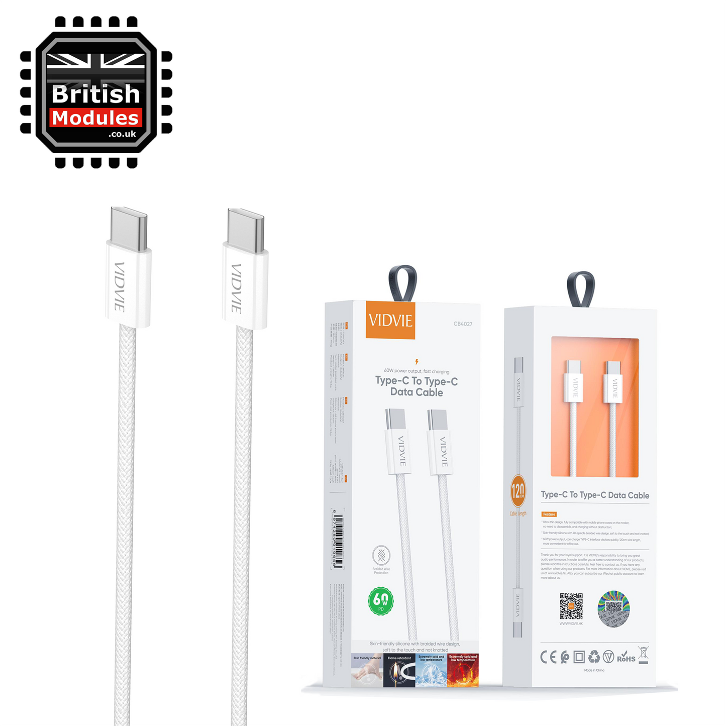 VidVie USB Heavy Duty 1.2M C to USB C Charge Cable Sync 60W Type-C to Type C CB4027 White