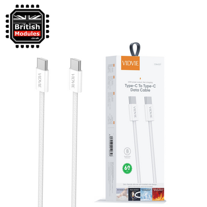 VidVie USB Heavy Duty 1.2M C to USB C Charge Cable Sync 60W Type-C to Type C CB4027 White