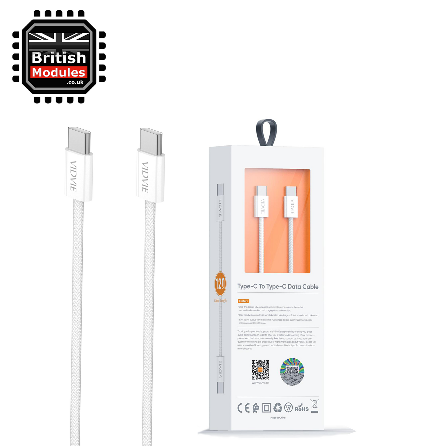 VidVie USB Heavy Duty 1.2M C to USB C Charge Cable Sync 60W Type-C to Type C CB4027 White