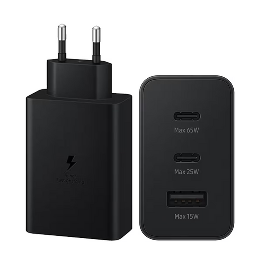 Samsung 65W Trio Universal Power Adapter EU 2 Pin PD USB-C USB-A Port EP-T6530 Black