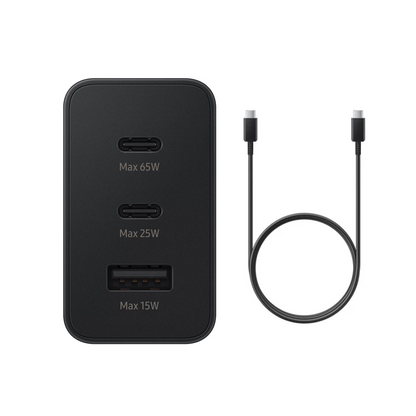 Samsung 65W Trio Universal Power Adapter EU 2 Pin EP-T6530 Black (1M USB-C Cable)