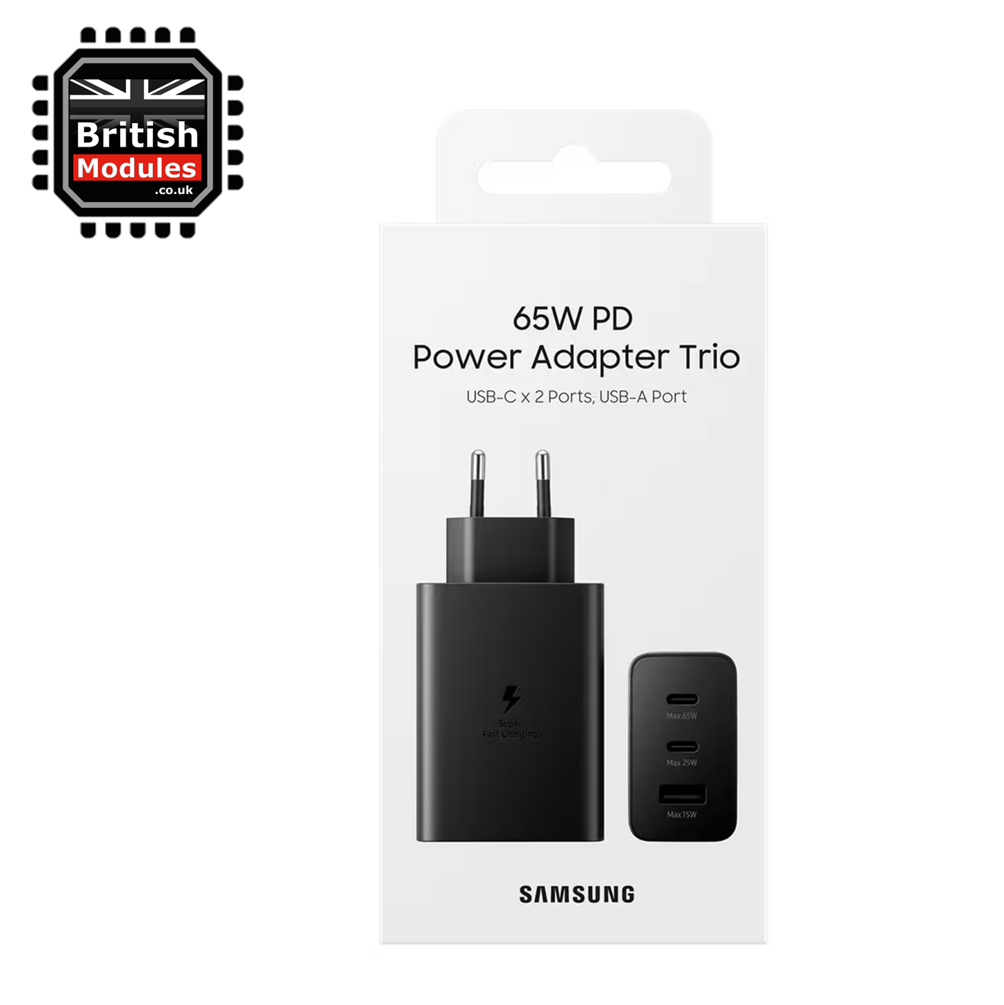 Samsung 65W Trio Universal Power Adapter EU 2 Pin PD USB-C USB-A Port EP-T6530 Black