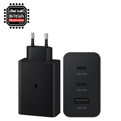 Samsung 65W Trio Universal Power Adapter EU 2 Pin PD USB-C USB-A Port EP-T6530 Black