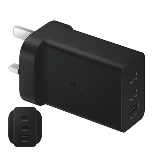 Samsung 65W Trio Universal Power Adapter UK 3 Pin PD USB-C USB-A Port EP-T6530 Black