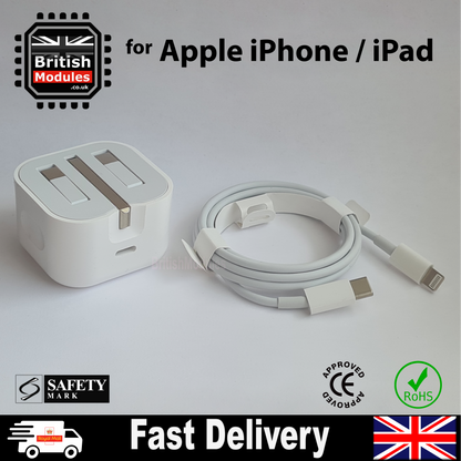 20W PD Fast Charging USB C Power Adapter UK Plug + USB C to Lightning Cable for iPhone
