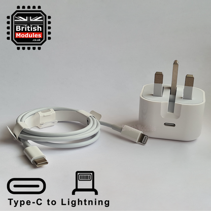 20W PD Fast Charging USB C Power Adapter UK Plug + USB C to Lightning Cable for iPhone