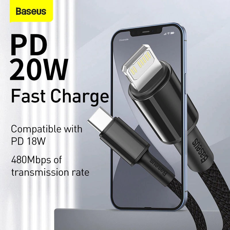 2M Black Heavy Duty Braided iPhone Fast Charging Data Cable Type-C to Lightning PD 20W