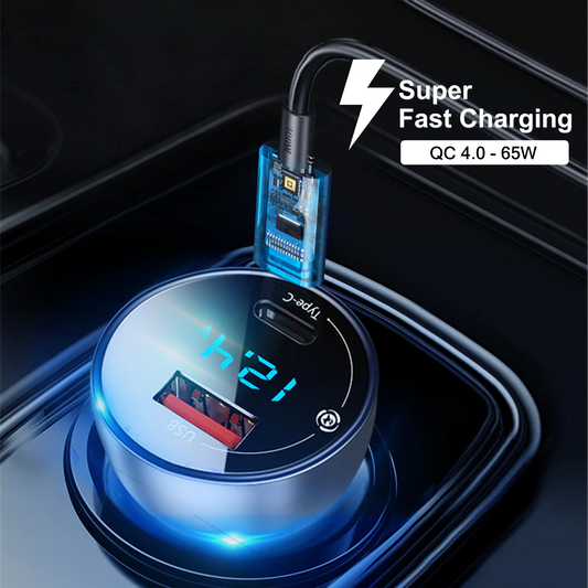 Baseus Super Fast Charging Car Charger 65W Dual Port with LED Display for Laptops, Notebooks and Mobile Phones