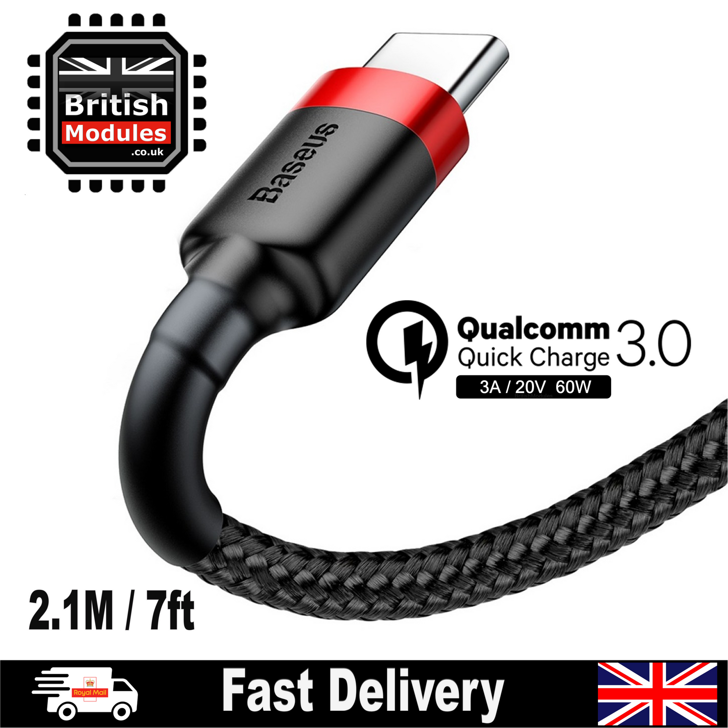 2M Baseus Braided USB Type C QC3.0 Fast Charging Cable 3A Quick Charger Black