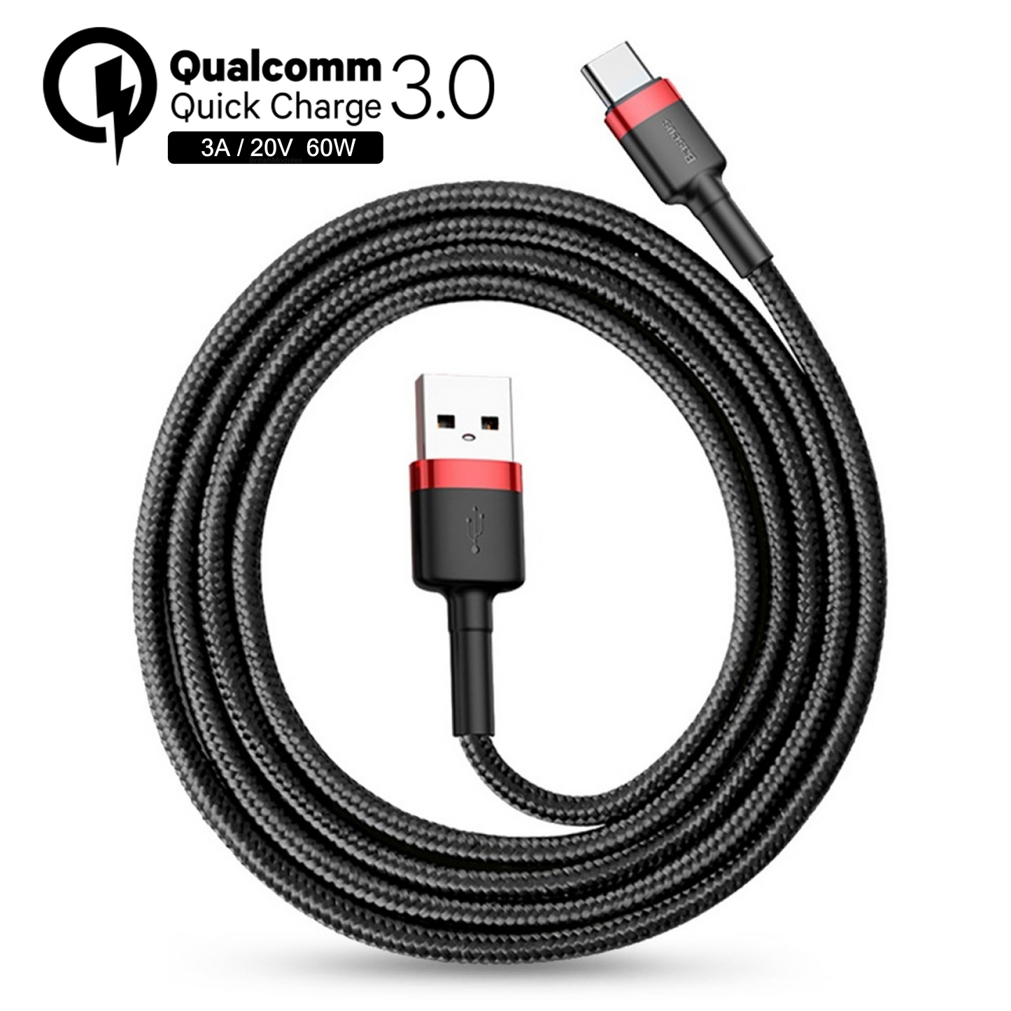 2M Baseus Braided USB Type C QC3.0 Fast Charging Cable 3A Quick Charger Black
