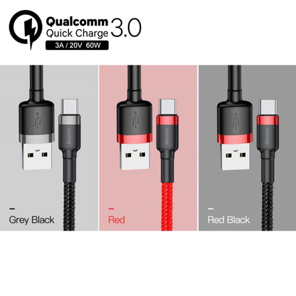 2M Baseus Braided USB Type C QC3.0 Fast Charging Cable 3A Quick Charger Grey