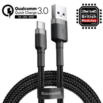 2M Baseus Braided USB Type C QC3.0 Fast Charging Cable 3A Quick Charger Grey