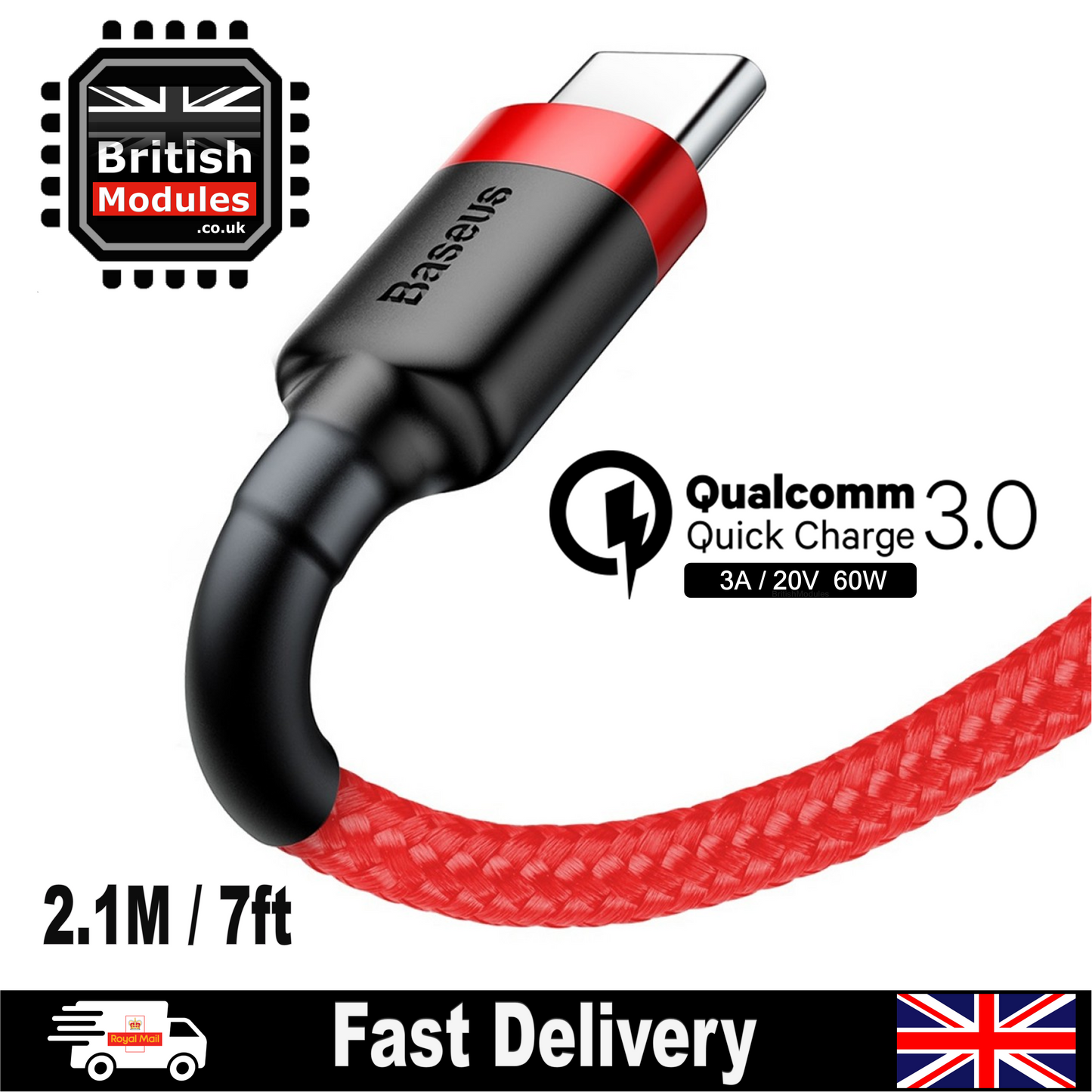 2M Baseus Braided USB Type C QC3.0 Fast Charging Cable Cord 3A Quick Charger Red