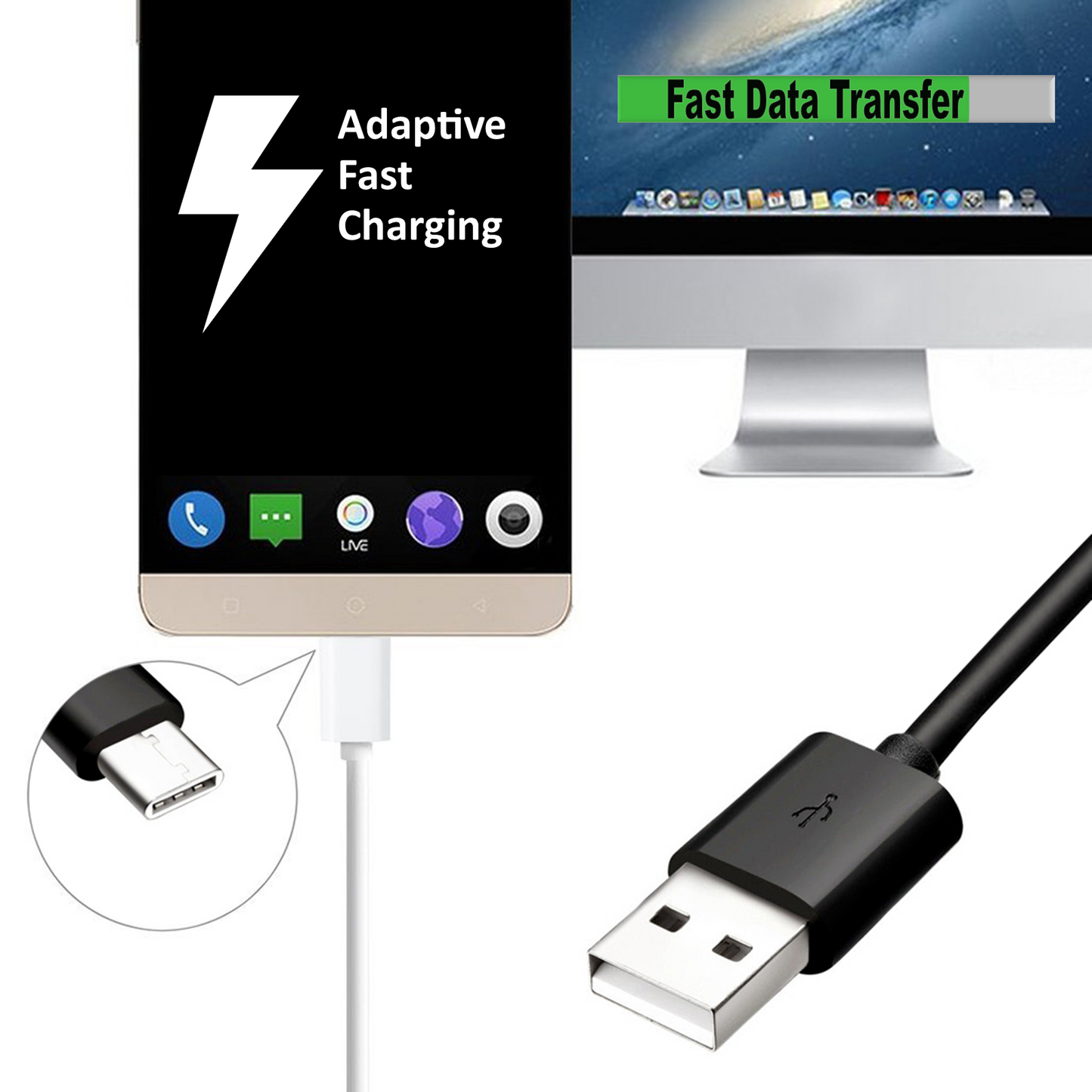 Black Fast Charging USB C Cable Type-C Fast Data Transfer Sync for Samsung Galaxy, Huawei, OnePlus, Oppo and more