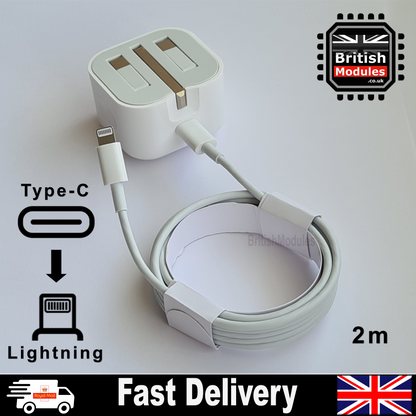 PD 20W Fast UK USB-C Wall Plug Charger & 2M USB-C to Lightning Cable Lead for Apple iPhone
