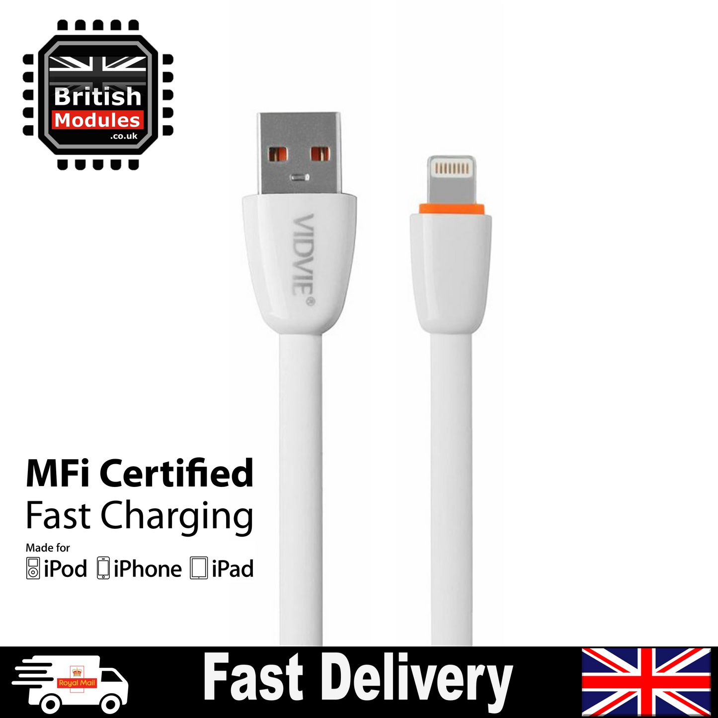 VidVie Apple Lightning to USB Cable for iPhone Cable 11 X XR XS Max Charger / iPad Cable Durable Soft Flexible Rubber